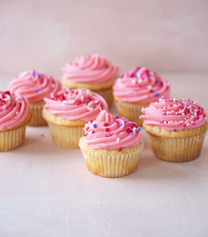 Pink Vanilla-Vanilla Cupcakes with lots of Pink Sprinkles