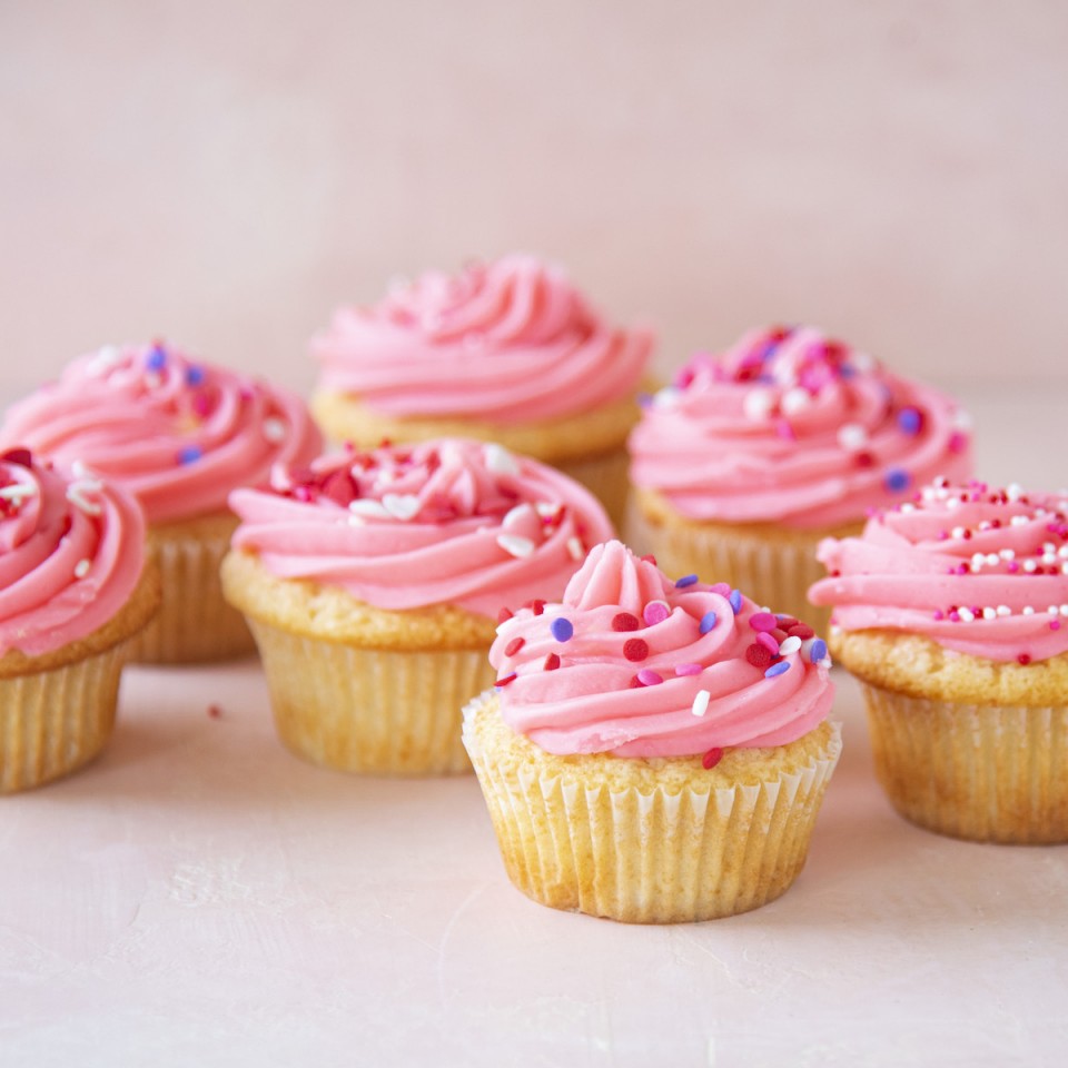 Pink Vanilla-Vanilla Cupcakes with lots of Pink Sprinkles