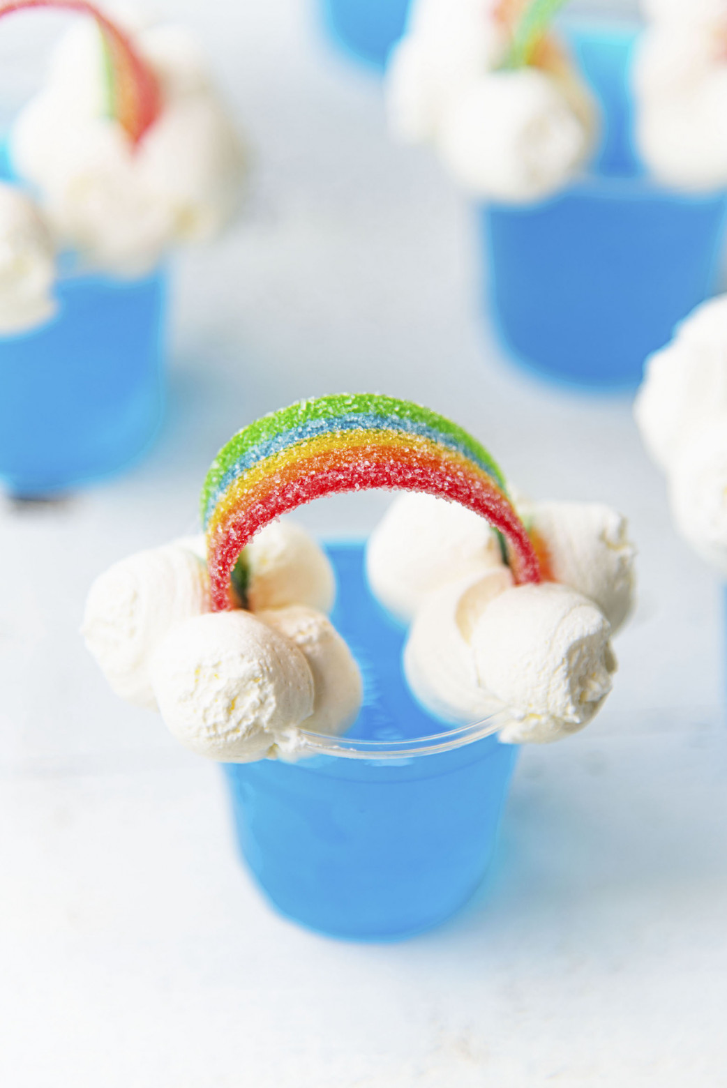 Blue Hawaiian Rainbow Jello Shots with Candy Rainbows