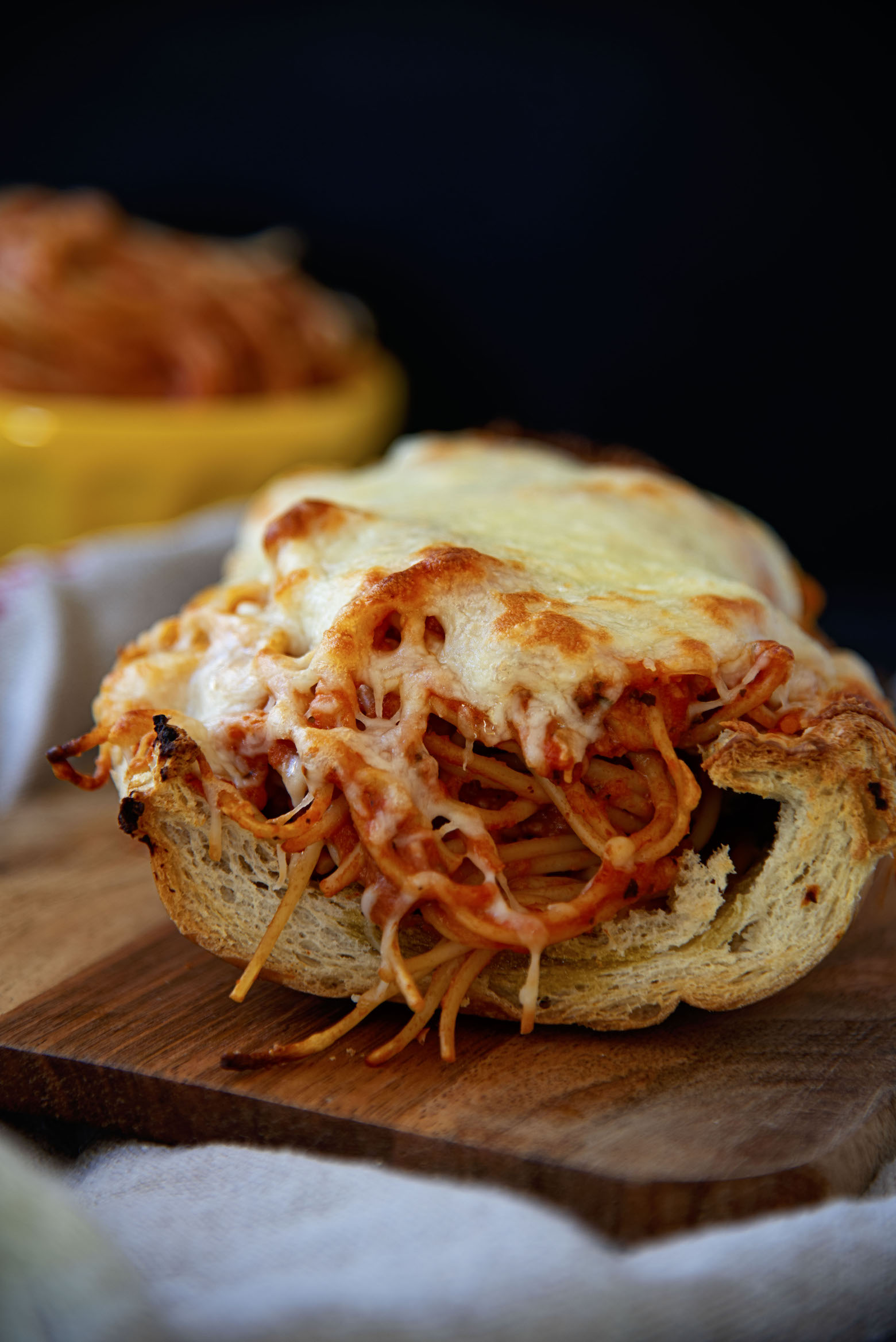 Spaghetti Stuffed Garlic Bread with Italian Cheese Blend