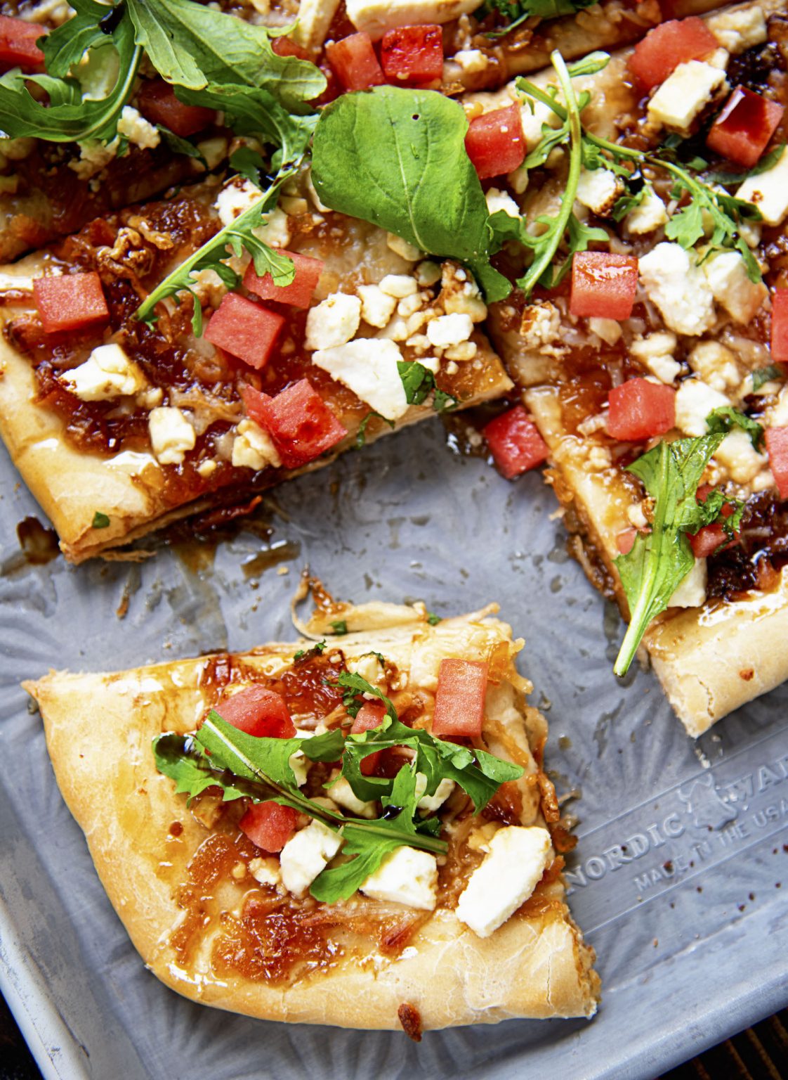 Watermelon Jam Feta Flatbread with Arugula and Balsamic Glaze