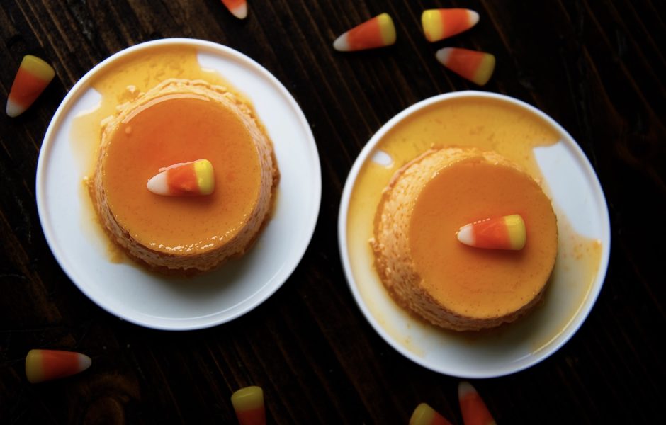 Candy Corn Caramel Flan #HalloweenTreatsWeek