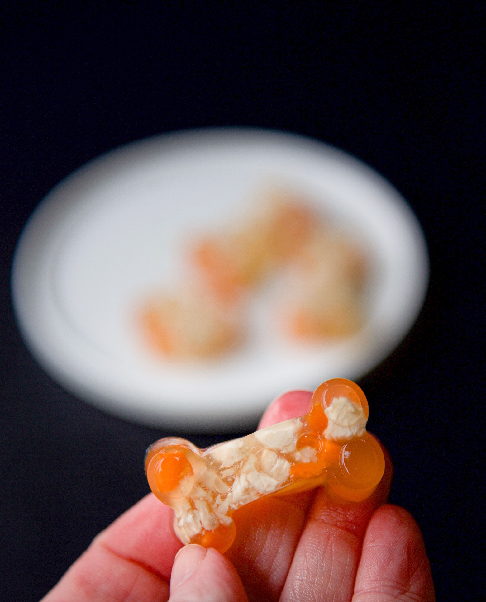 Close up of a chicken jello shot bone being held in a hand by fingers. You can see the chicken and carrot pieces inside. Small white plate with more jello shots blurred in background.